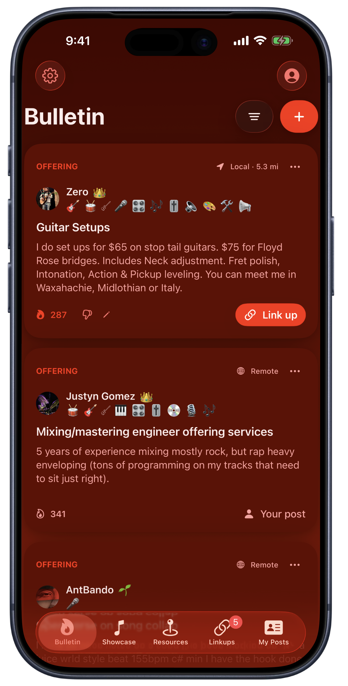 Bandry musician classifieds app, bulletin board of local band-wanted and music-pro posts for finding bandmates and music professionals