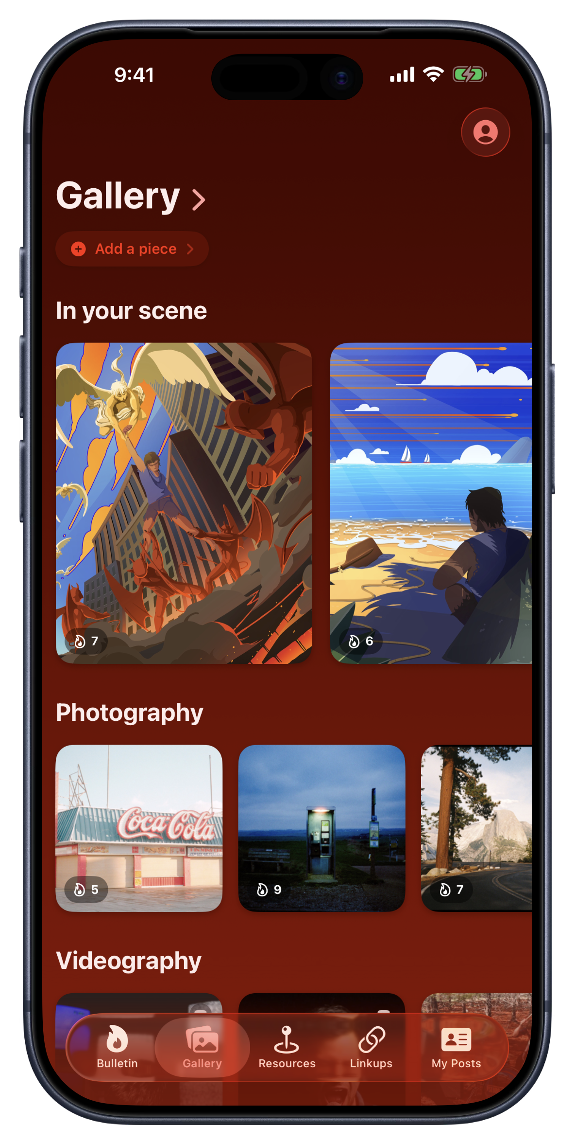 Bandry Gallery tab, the portfolio board for visual artists: an In your scene row of illustration and cover art from artists nearby, then Photography and Videography rows, each piece showing a fire count