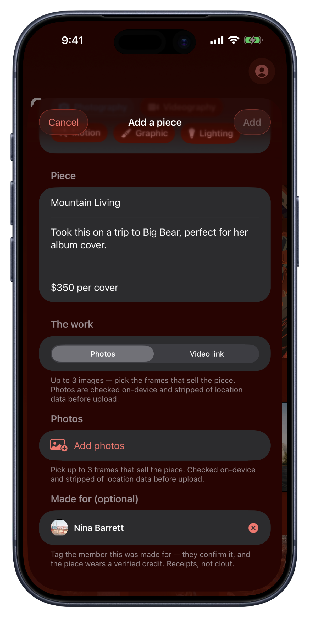 Adding a piece to the Bandry Gallery: title, note, and rate fields, a Photos or Video link switch, up to three images checked on device and stripped of location data, and a Made for field tagging the member the work was made for.