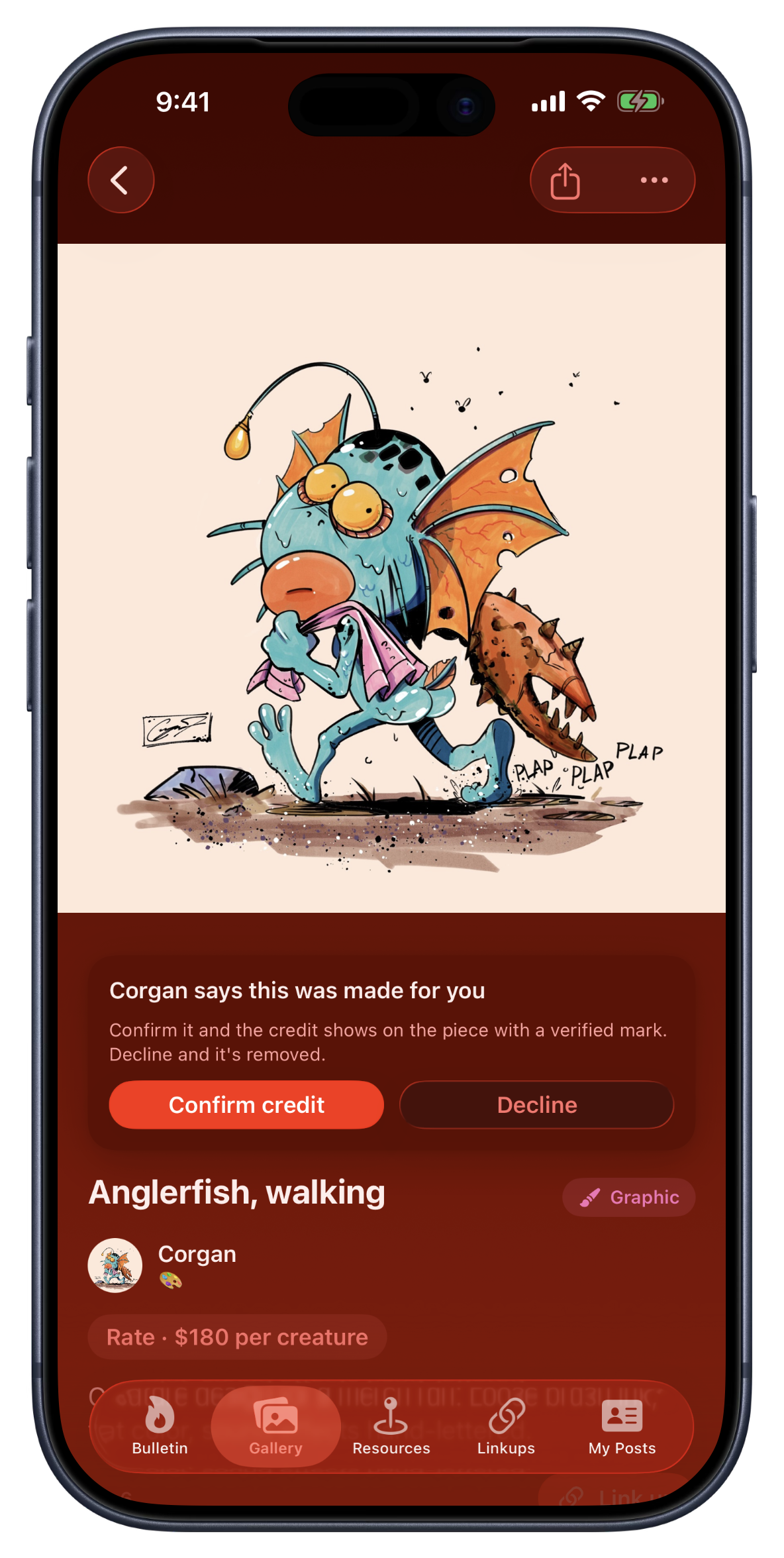A Bandry Gallery piece asking the tagged musician to confirm a credit: Corgan says this was made for you, with Confirm credit and Decline buttons above the illustration Anglerfish, walking