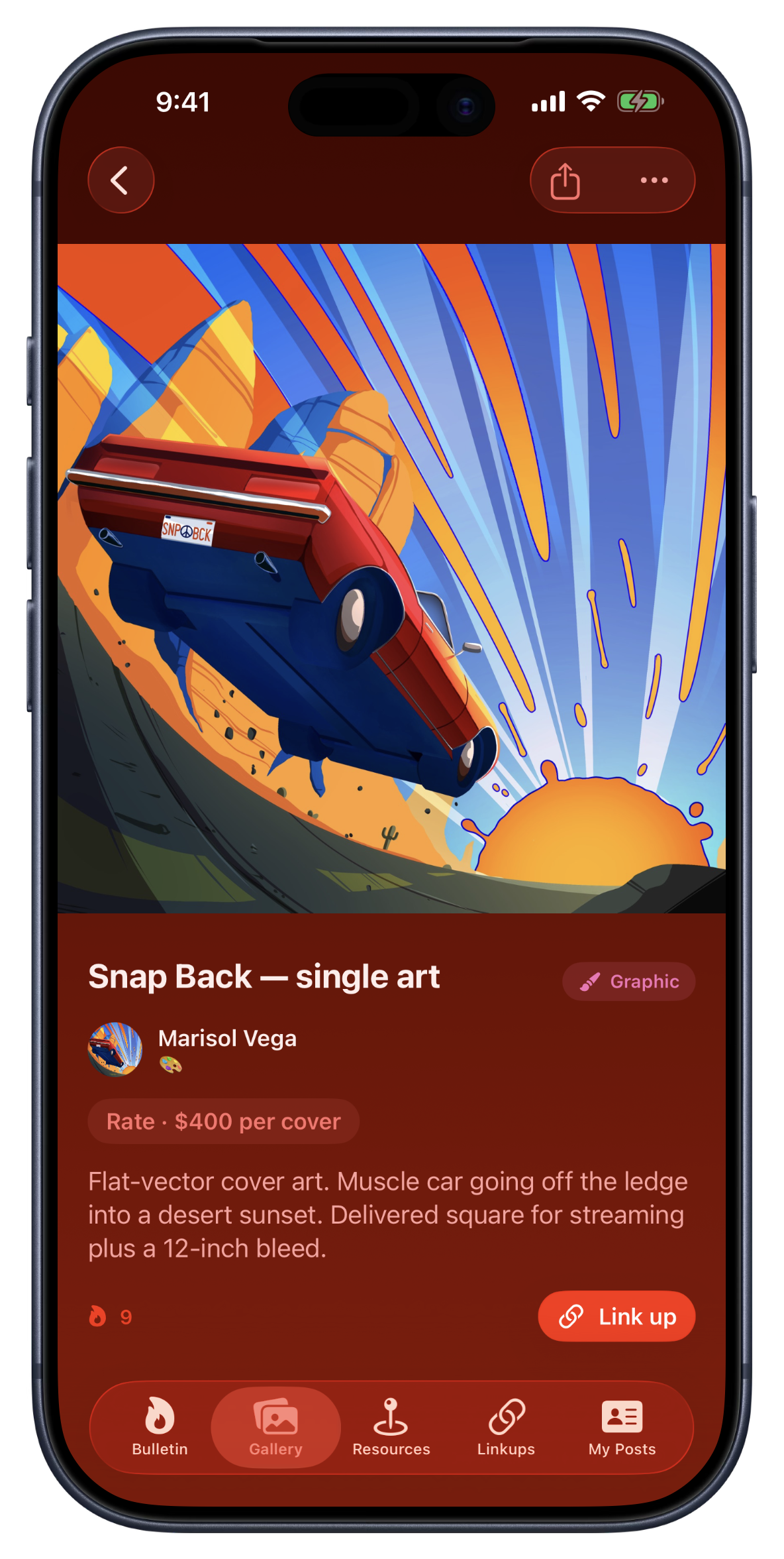 A cover-art piece open in the Bandry Gallery: flat-vector single art titled Snap Back by Marisol Vega, tagged Graphic, with a rate of $400 per cover and a Link up button to hire her directly