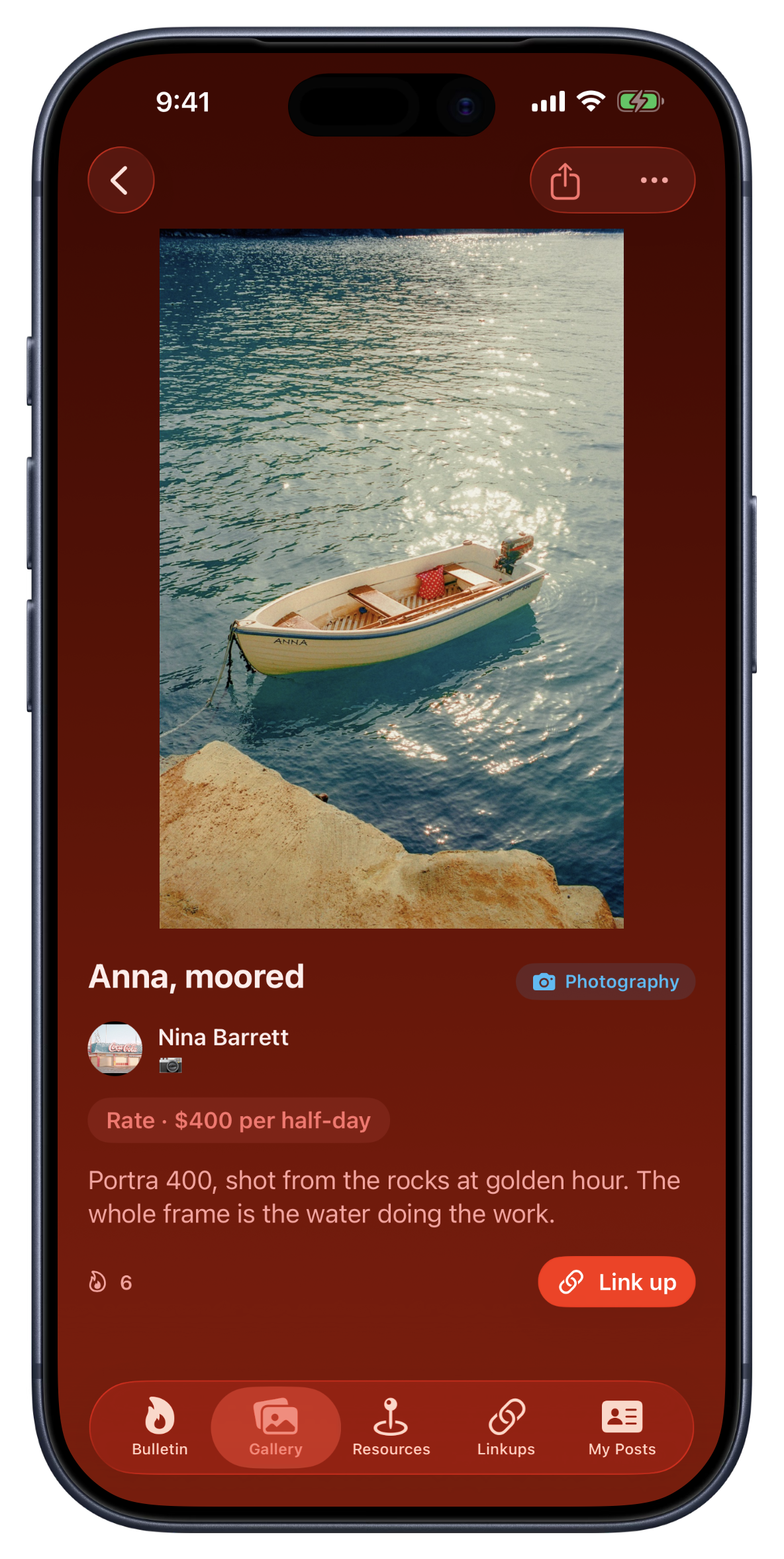 A photography piece open in the Bandry Gallery: a film shot of a moored boat titled Anna, moored by Nina Barrett, tagged Photography, with a rate of $400 per half-day, the photographer's note about the shot, and a Link up button to hire her directly