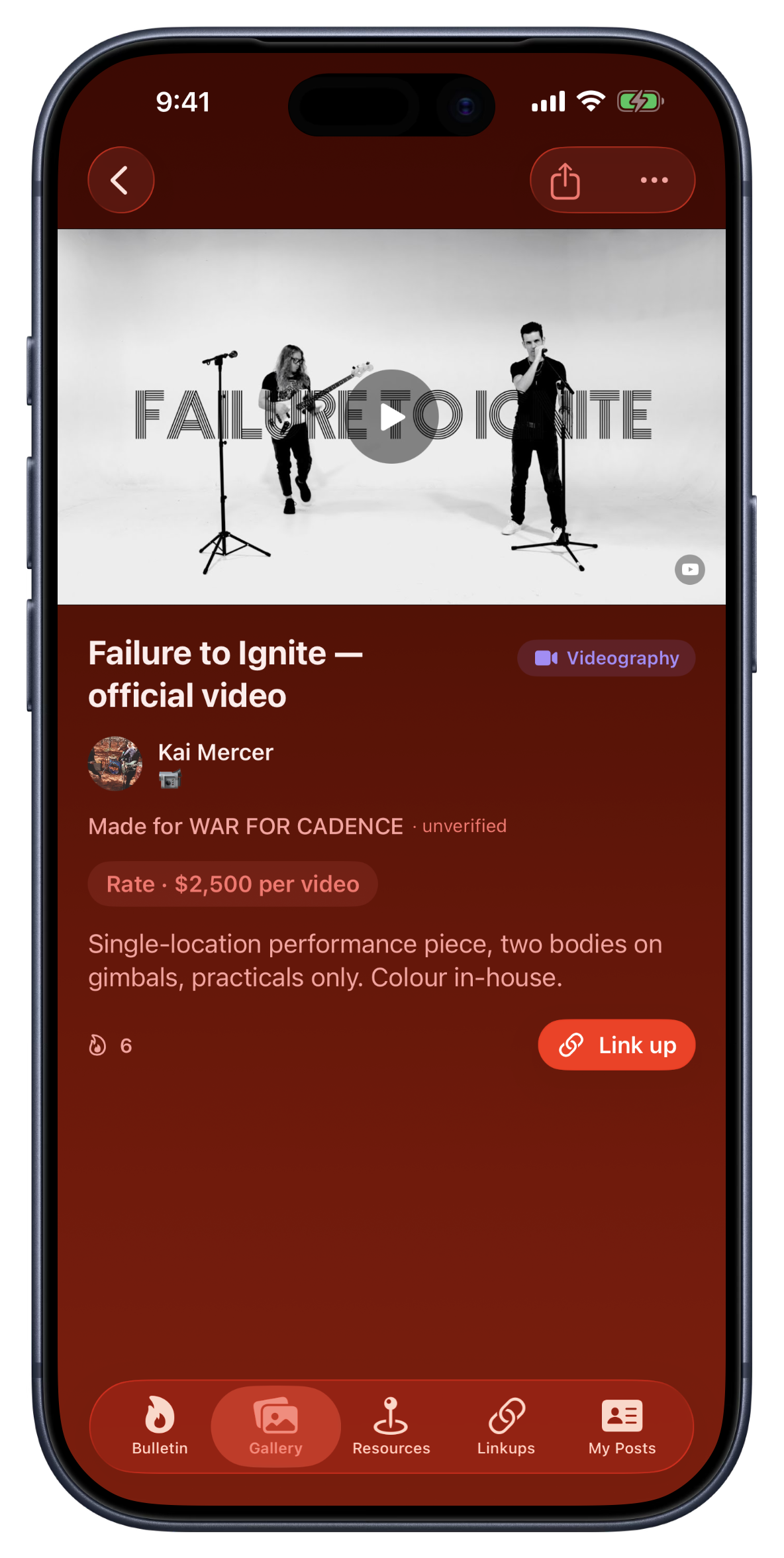 A music video open in the Bandry Gallery: Failure to Ignite by Kai Mercer, tagged Videography, playing from YouTube with a made-for credit to WAR FOR CADENCE, a rate of $2,500 per video, and a Link up button