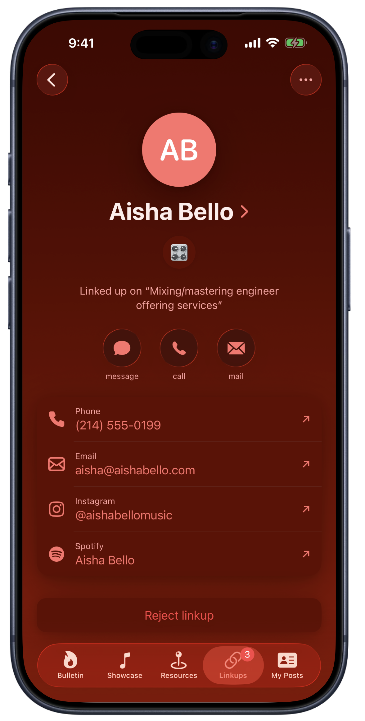 Bandry contact-reveal card showing a musician's phone, email, and Instagram after they linked up on your band-wanted post