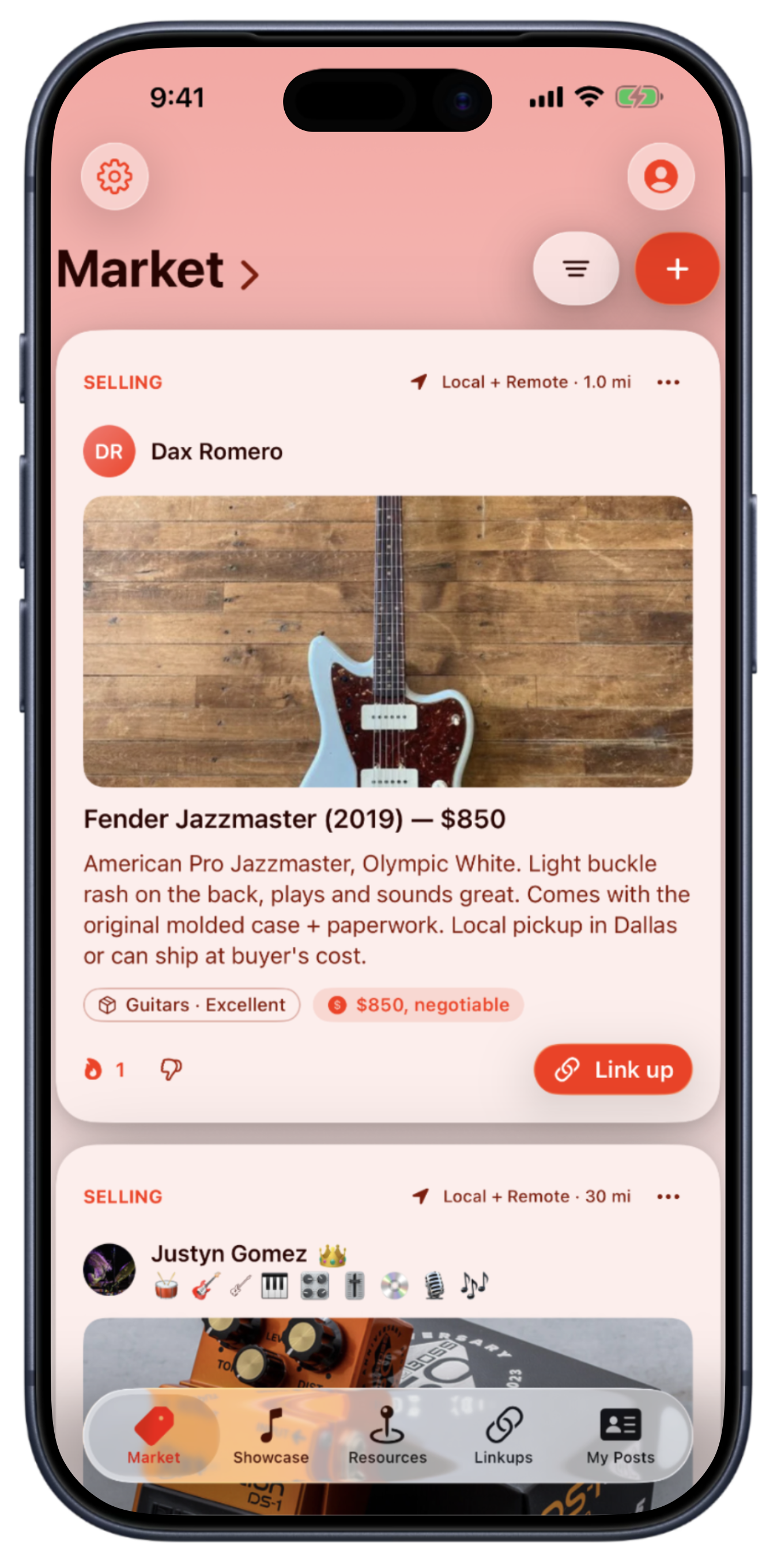 Bandry Market tab showing a used Fender Jazzmaster listing with a photo, price, condition tag, and a link-up button to buy, sell, or trade music gear