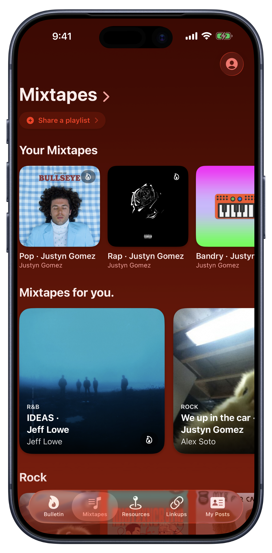 Bandry Mixtapes tab, the Showcase tab flipped to a playlist-discovery board: a Mixtapes-for-you row of musicians' shared Spotify and Apple Music playlists matched to your genres, each with a fire count, plus genre rows below