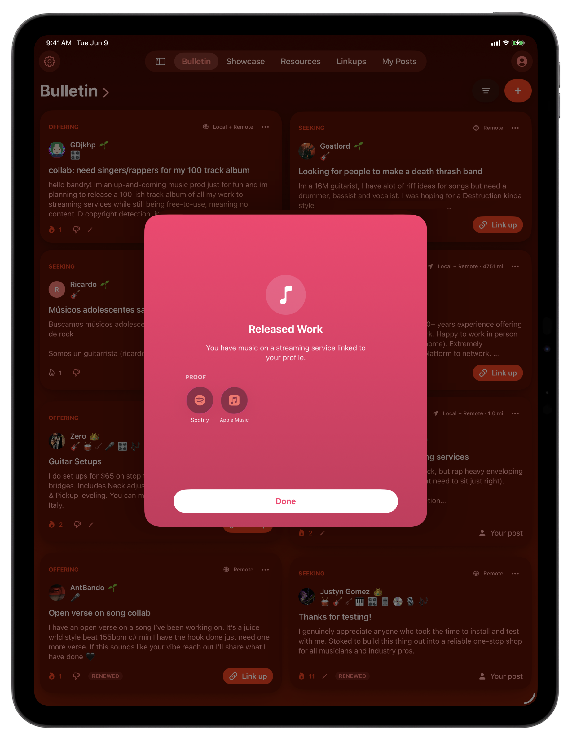 Tapping a credibility badge in Bandry opens a color-matched card that explains it and shows the proof: the Released Work badge with links to the artist's Spotify and Apple Music