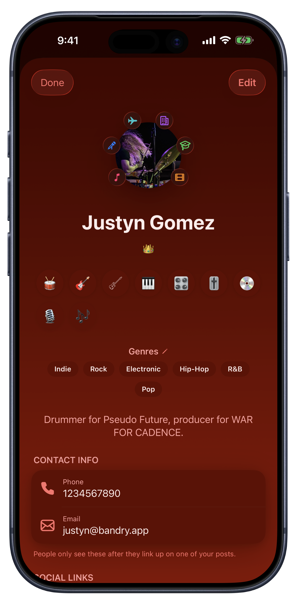 Credibility badges ringed around a musician's profile photo in the Bandry app: colored icons for released work, session credits, touring, pro studio, educator, and sync placement