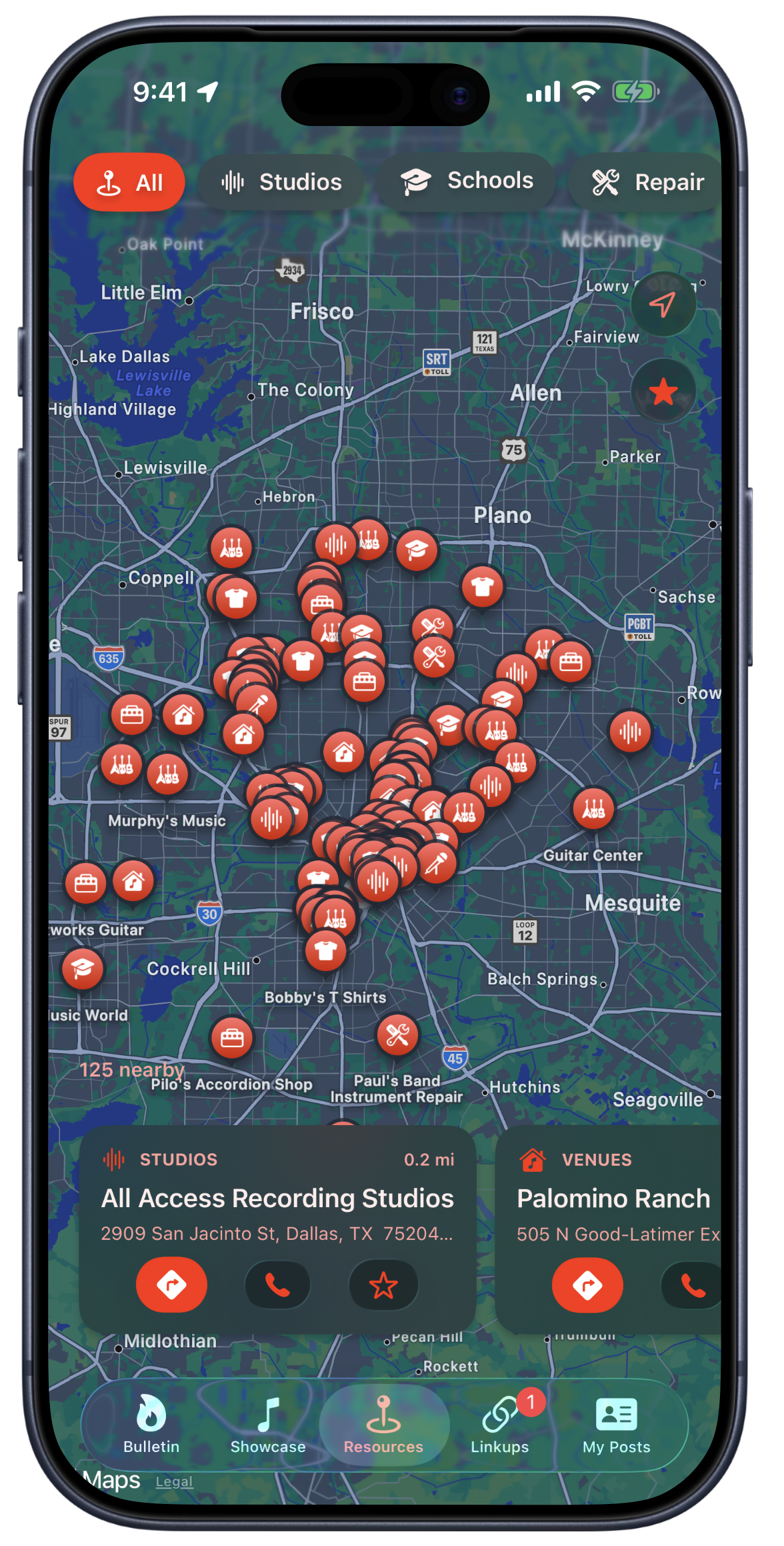 Bandry Resources tab, Apple Maps view of nearby recording studios, rehearsal spaces, music stores, and repair shops