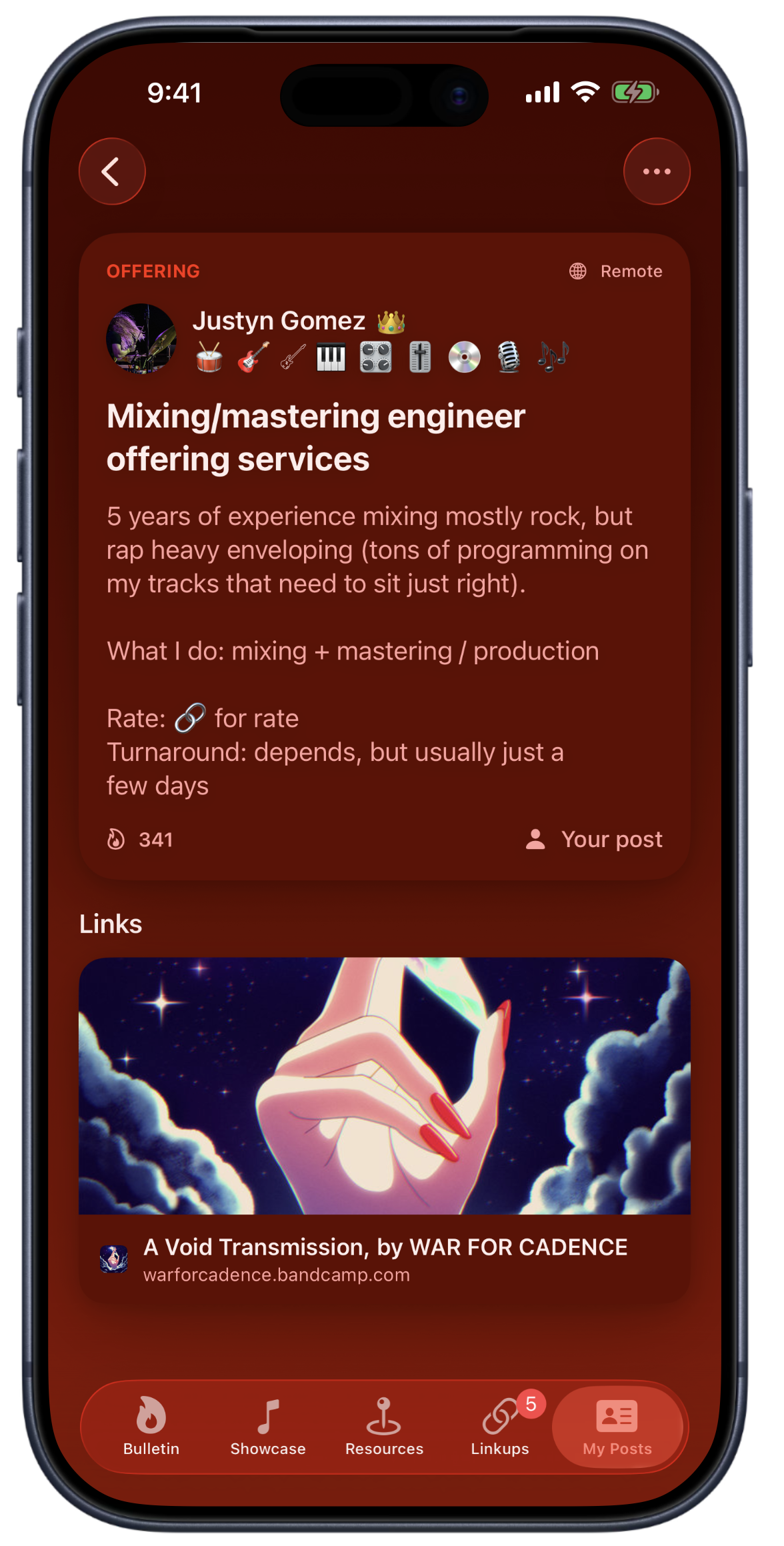 Bandry post detail with embedded rich link preview, a band-wanted or engineer-for-hire post with a Spotify track showcase