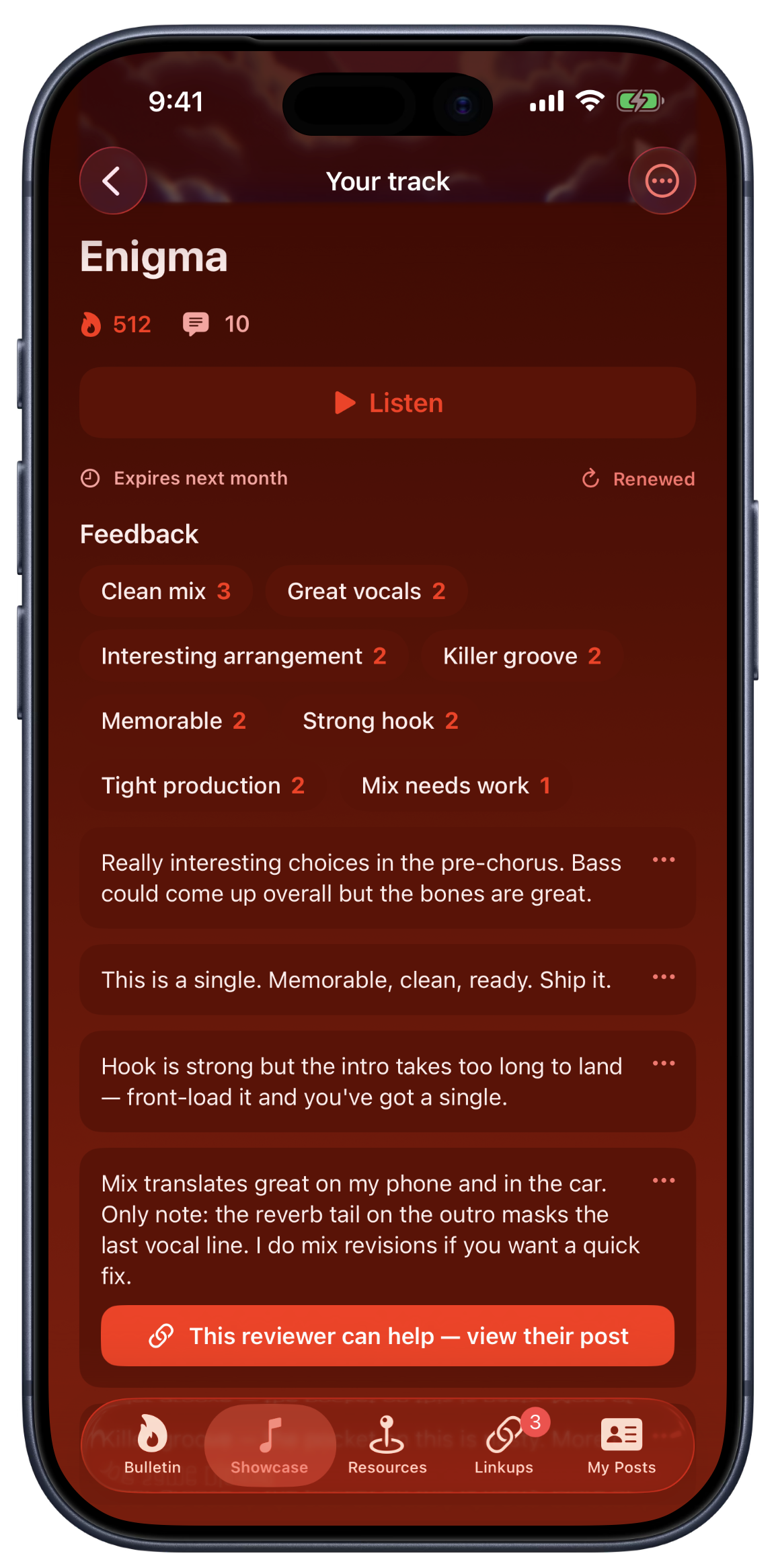 Private feedback received on a track in Bandry Showcase, tag breakdown and written notes