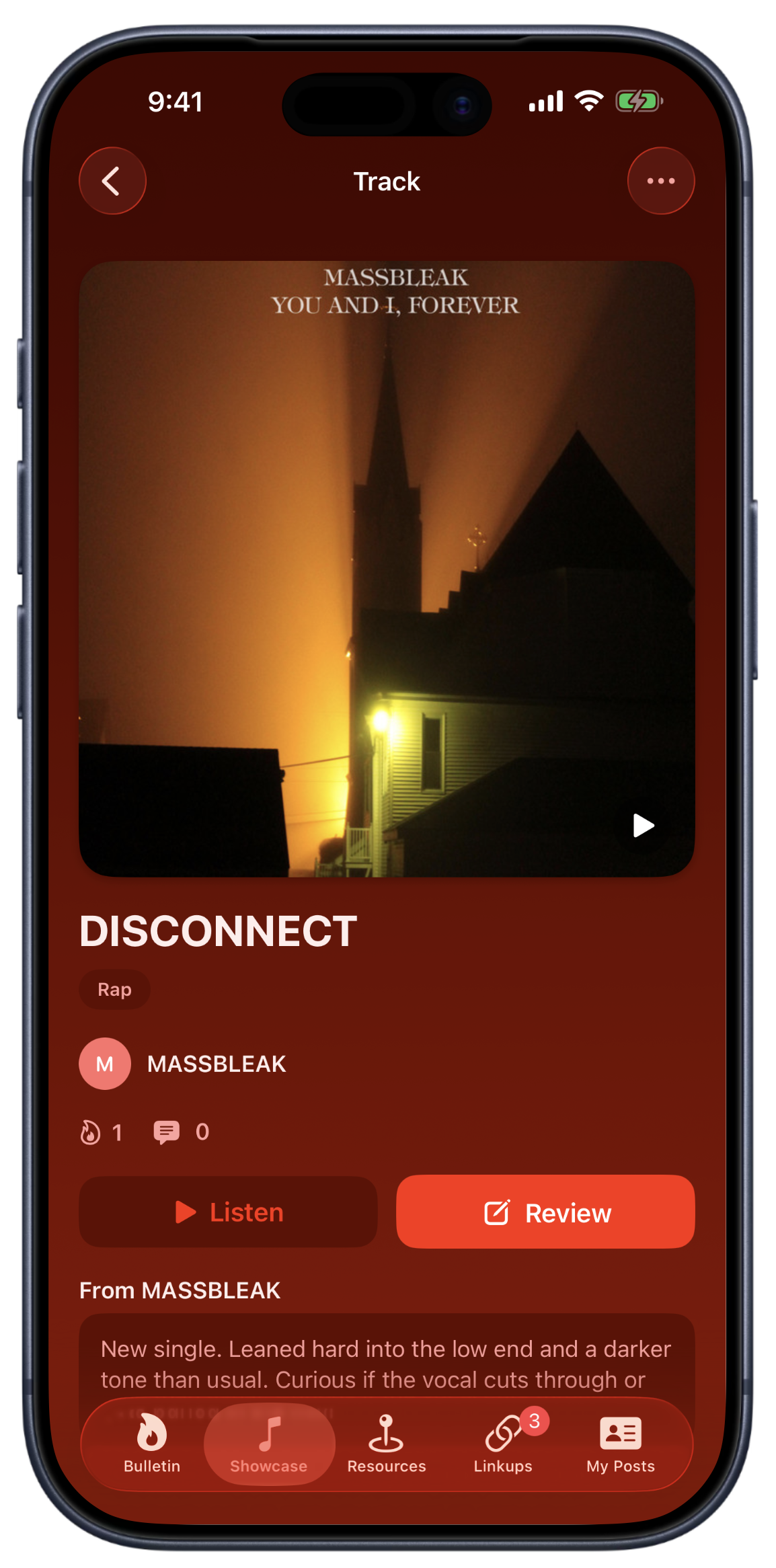 A track detail page in Bandry Showcase with Listen and Review buttons