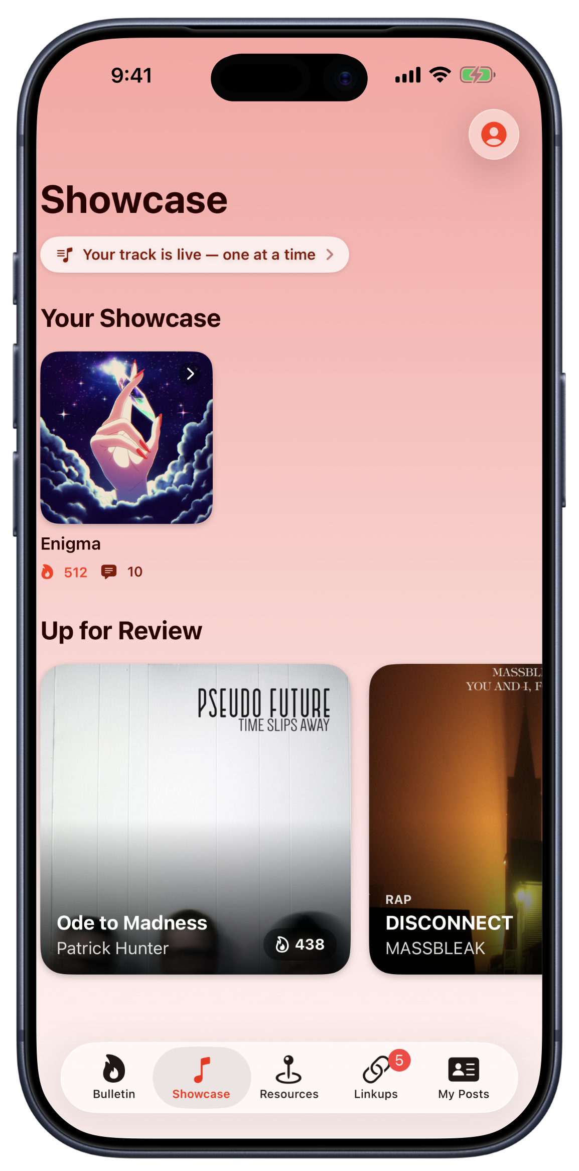 Bandry Showcase tab showing Your Showcase track and the Up for Review queue
