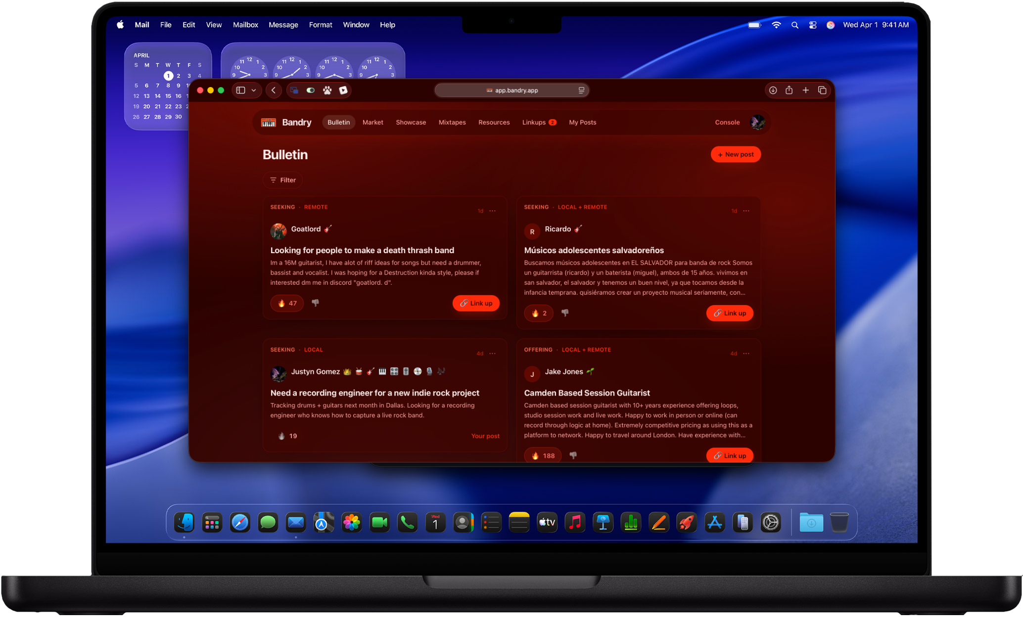 Bandry running in a web browser on a Mac laptop: the Bulletin board of local band-wanted and music-pro posts, the full app on the desktop