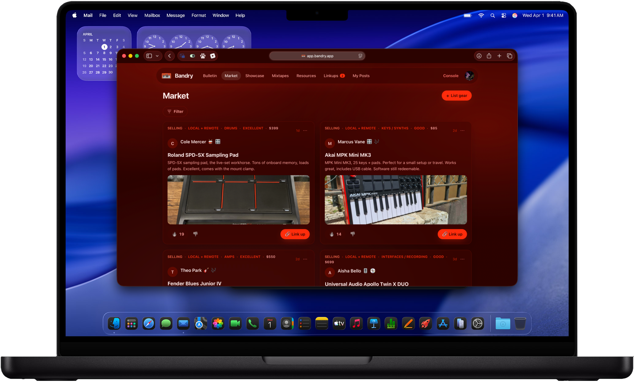 Bandry Market in a web browser on a Mac: the gear marketplace of used instruments, pedals, and studio gear