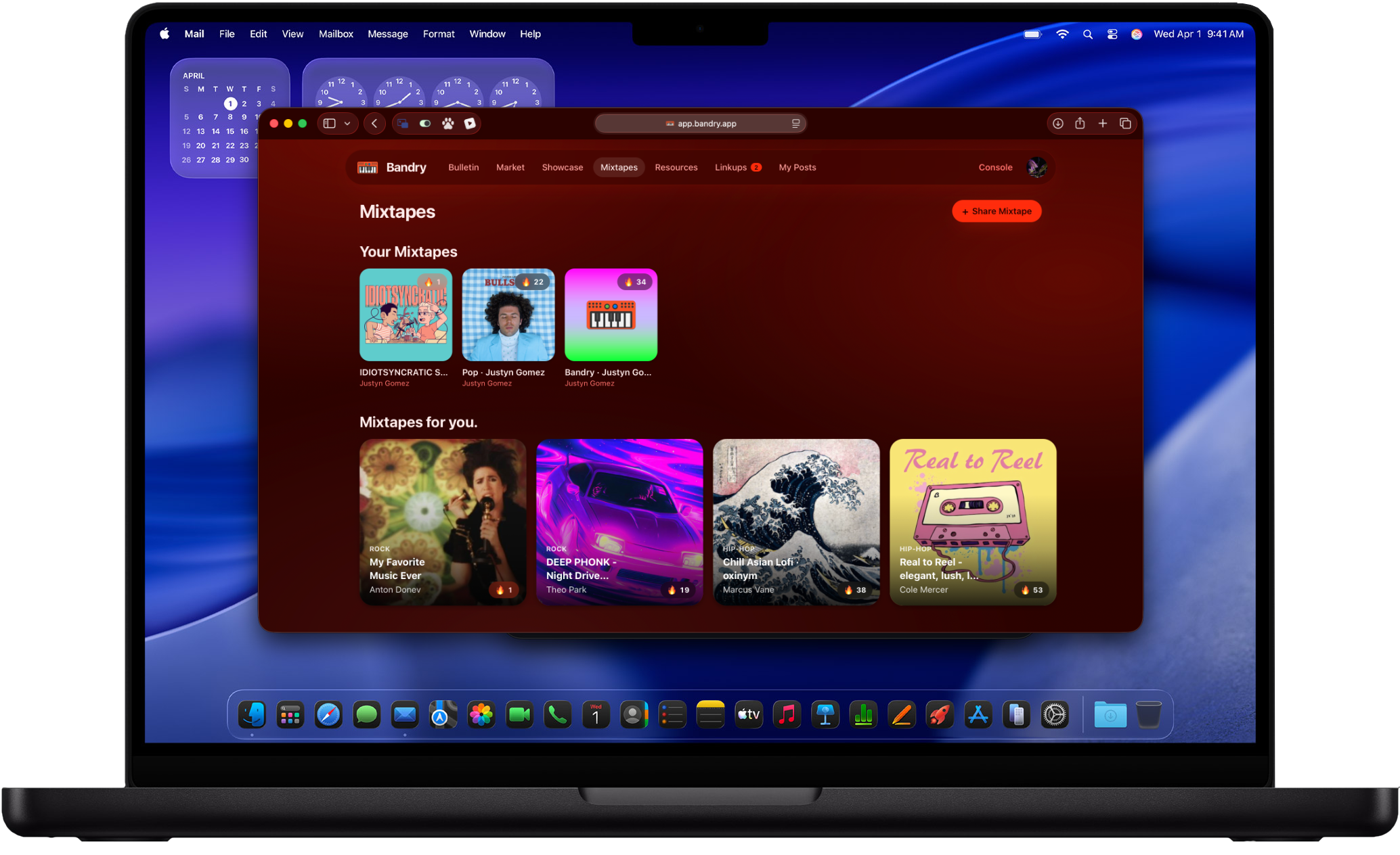 Bandry Mixtapes in a web browser on a Mac: a board of musicians' shared playlists matched to the genres you're into