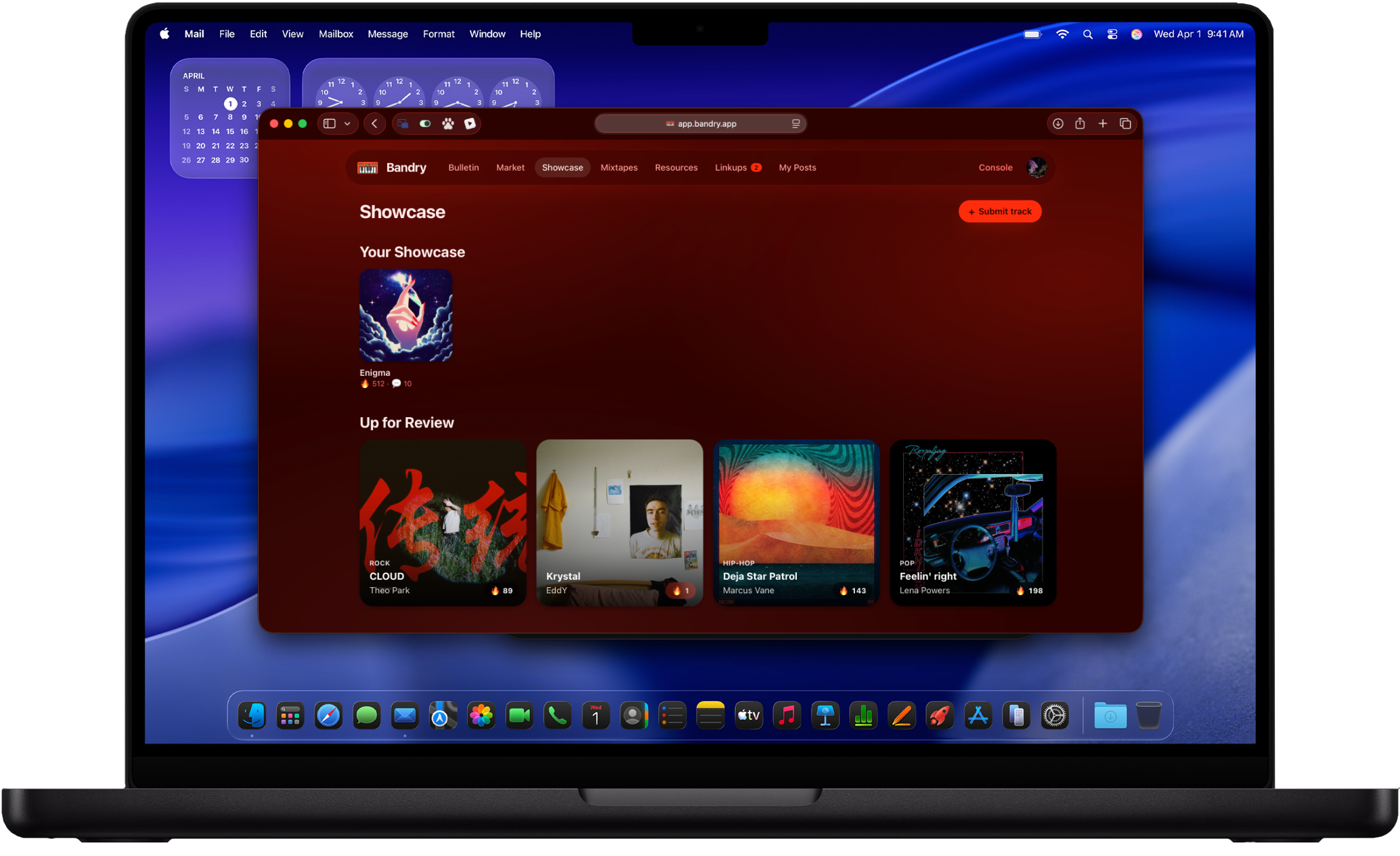 Bandry Showcase in a web browser on a Mac: peer track feedback and the Up for Review shelf of other musicians' tracks