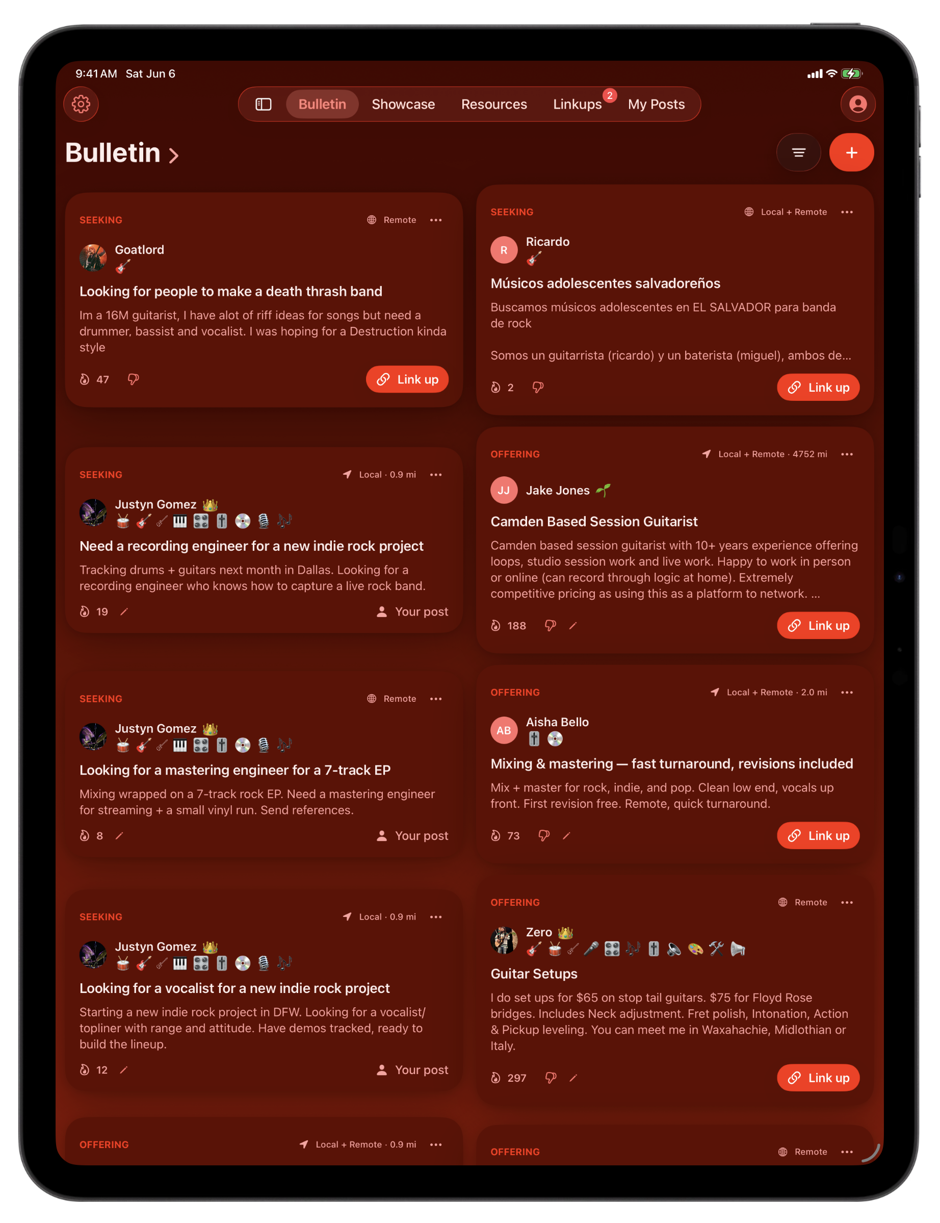 Bandry running on iPad, the Bulletin board of local band-wanted and music-pro posts shown in a two-column layout on the larger iPad screen