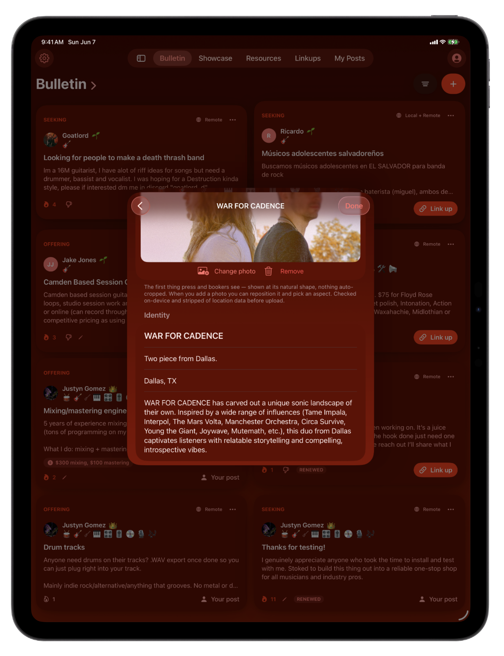 Building a press kit inside the Bandry app on iPad: the WAR FOR CADENCE press kit editor with a hero photo, artist name, tagline, location, and bio