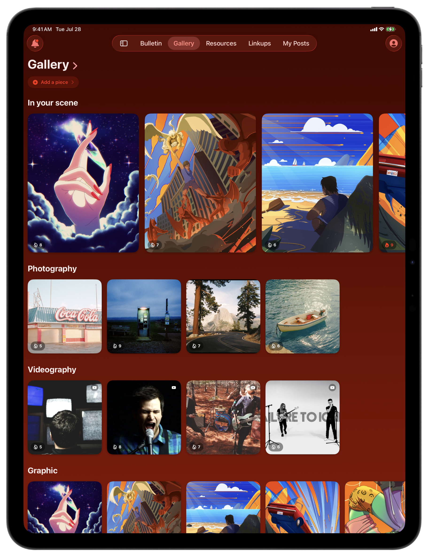 Bandry Gallery on iPad: rows of In your scene, Photography, Videography, and Graphic work from visual artists, laid out across the larger iPad screen with a fire count on every piece