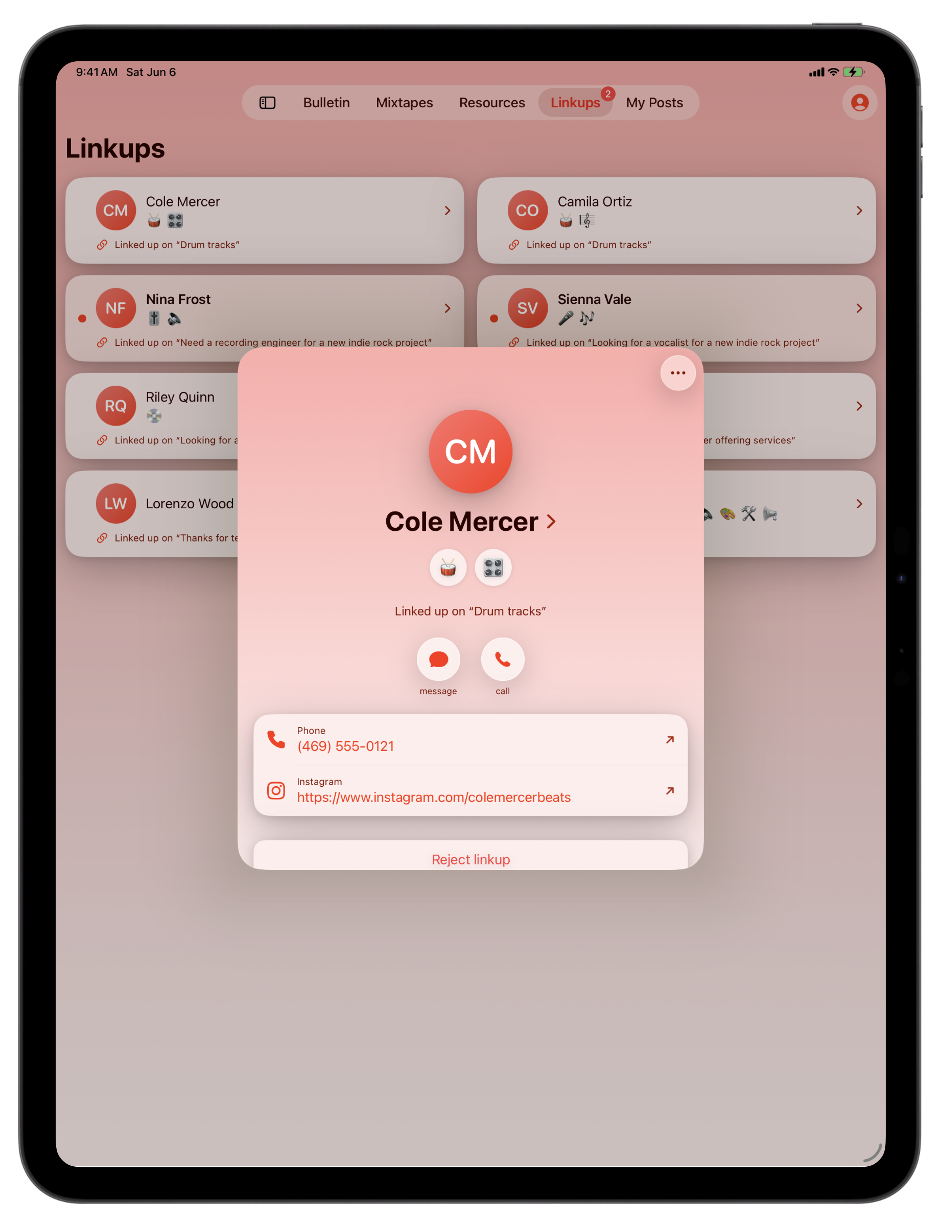 Bandry Linkups inbox on iPad, musicians who responded to your posts listed like email with unread indicators, on the larger iPad screen