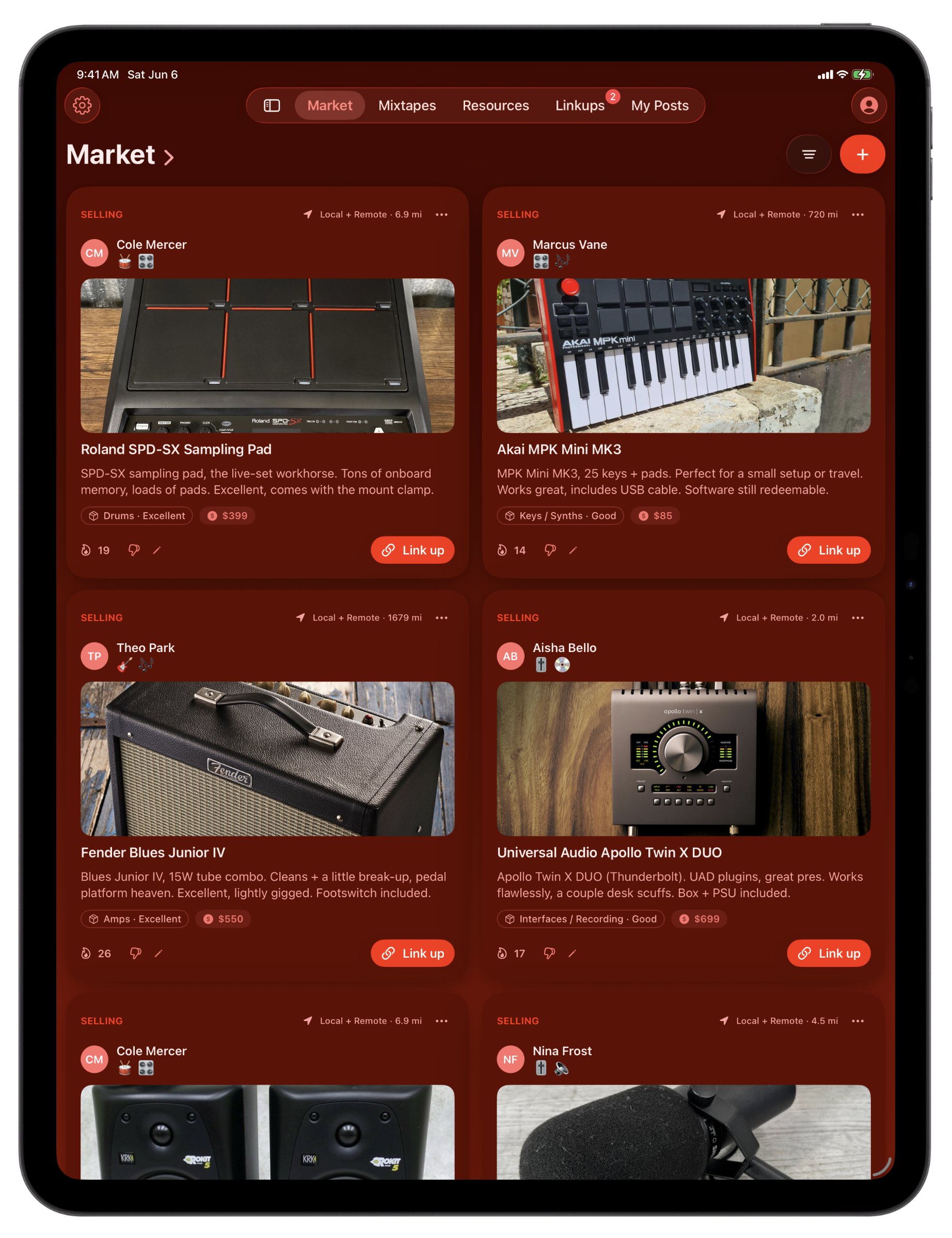 Bandry Market on iPad, the gear marketplace shown as a multi-column grid of used instruments, pedals, and studio gear with photos, prices, and condition tags