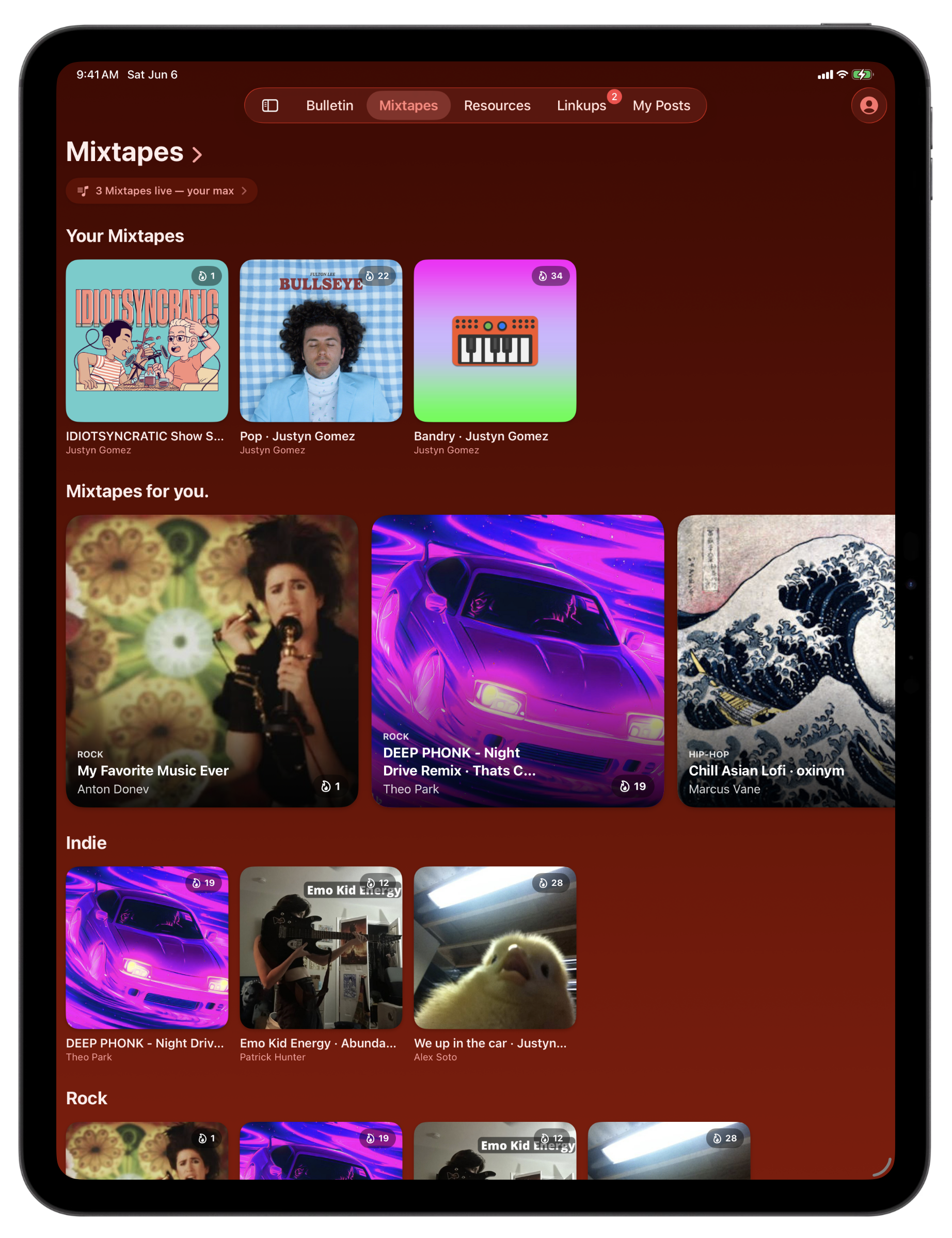 Bandry Mixtapes on iPad, the playlist-discovery board of musicians' shared Spotify and Apple Music playlists laid out across the larger iPad screen