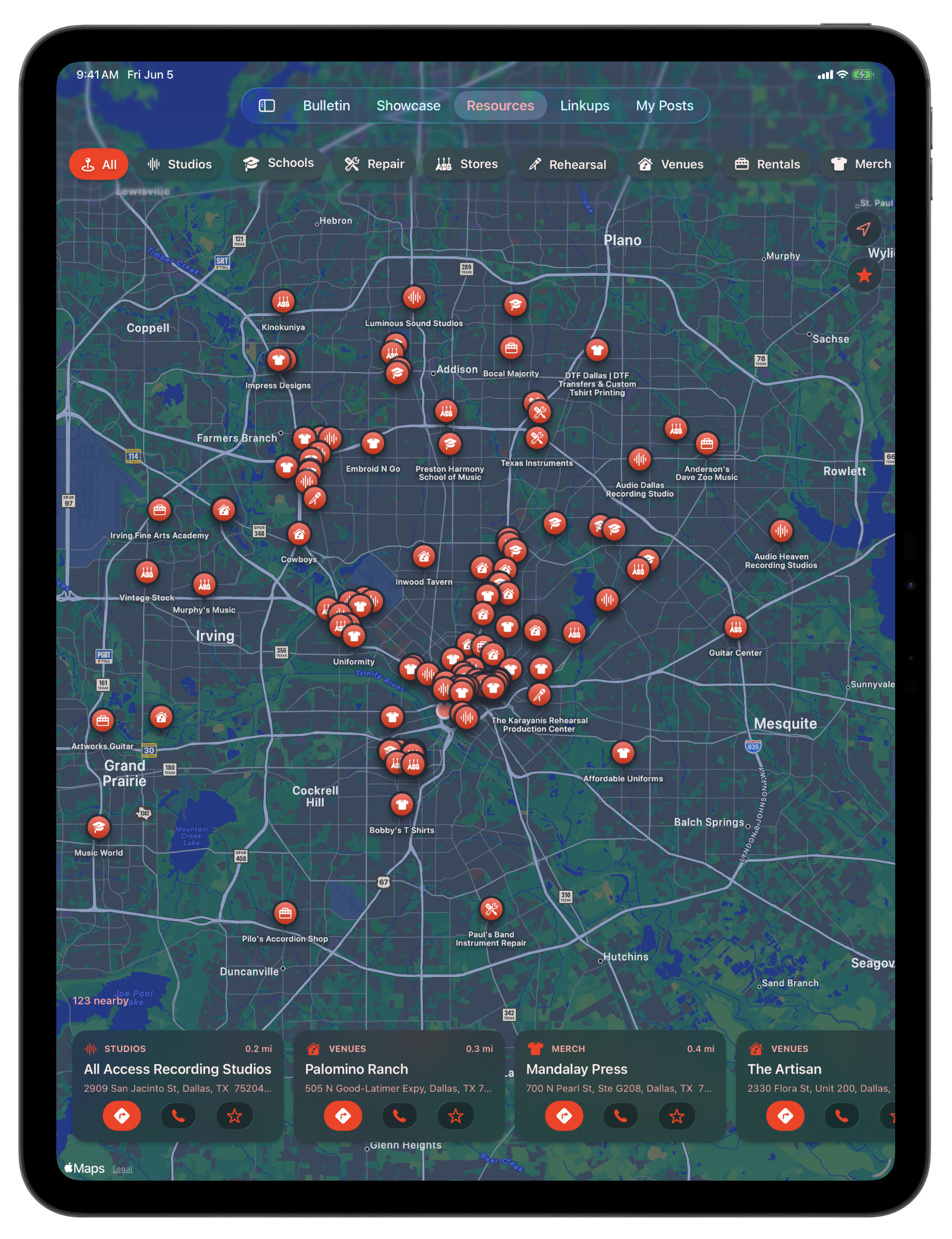 Bandry Resources on iPad, an Apple Maps view of nearby recording studios, rehearsal spaces, music stores, and repair shops on the larger iPad screen