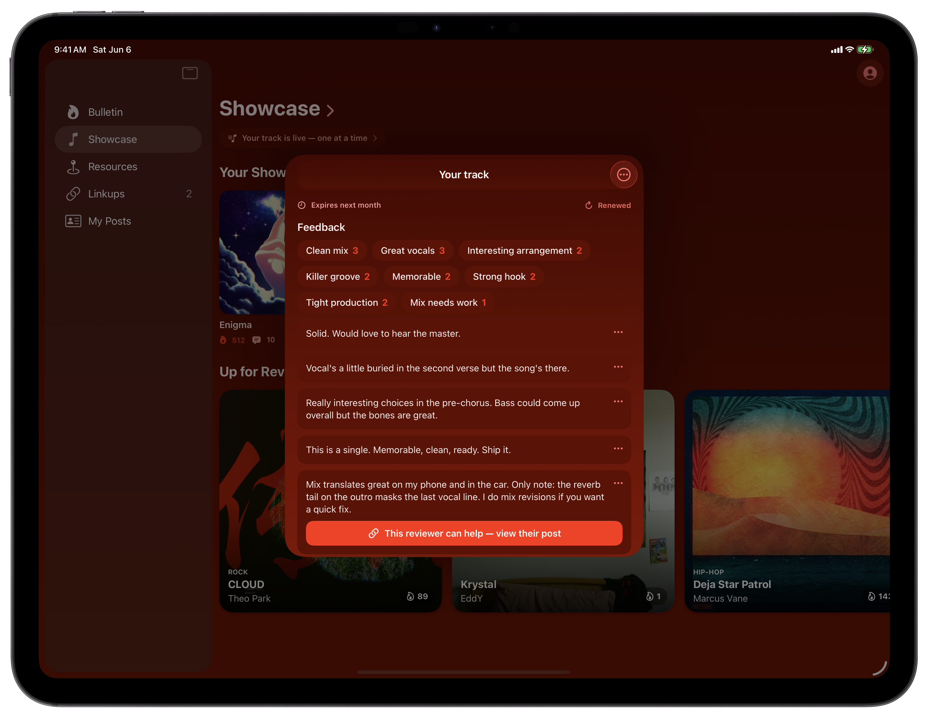 Bandry Showcase on iPad in landscape with the sidebar navigation, a track's private peer feedback open over the Up for Review shelf of other musicians' tracks